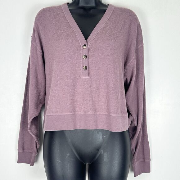 Alo Yoga Women's S/M Alolux Soho Crop Henley Top Sweatshirt Pullover Woodrose - Picture 2 of 9